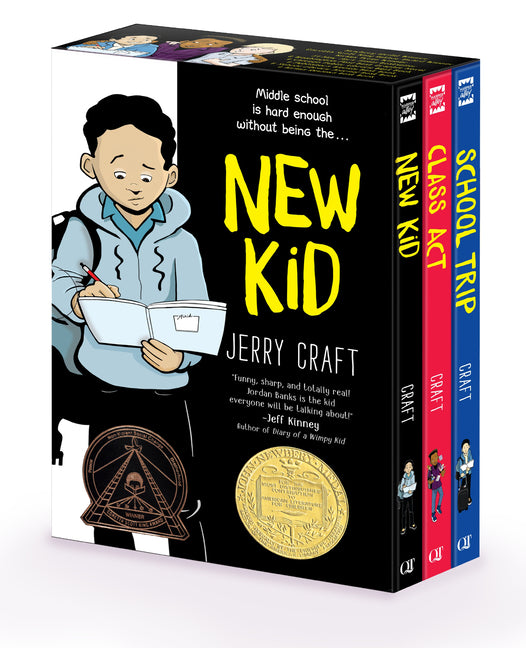 Book cover for New Kid 3-Book Box Set: A Graphic Novel Collection: New Kid, Class Act, School Trip