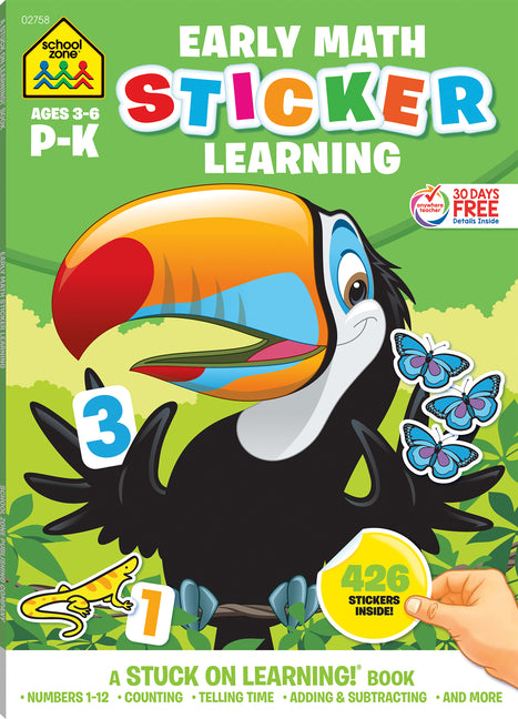 Book cover for School Zone Math Sticker Learning Workbook