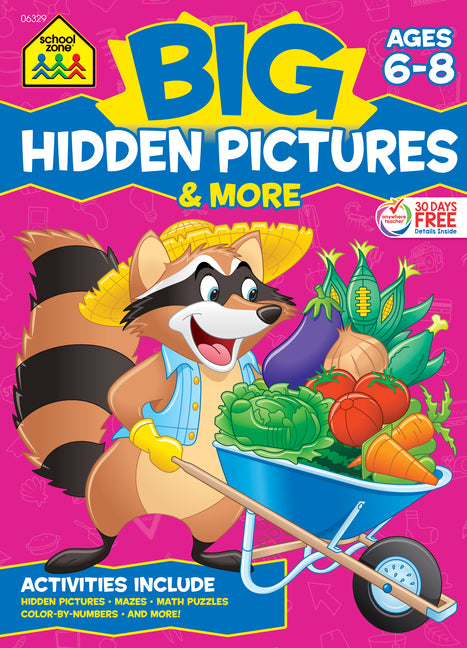 Book cover for School Zone Big Hidden Pictures & More Workbook