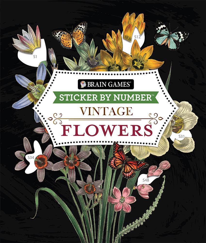 Book cover for Brain Games - Sticker by Number - Vintage: Flowers (28 Images to Sticker)
