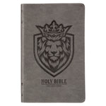 Book cover for KJV Holy Bible, Gift Edition for Boys King James Version, Faux Leather Flexible Cover, Charcoal Gray Lion Emblem