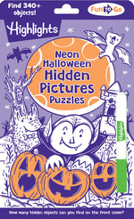Book cover for Neon Halloween Hidden Pictures Puzzles: Halloween Puzzle Book for Kids with Neon Hidden Pictures Scenes and Gel Marker, Perfect Halloween Gift and Tra