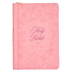 Book cover for KJV Holy Bible, Thinline Large Print Faux Leather Red Letter Edition - Thumb Index & Ribbon Marker, King James Version, Pink, Zipper Closure