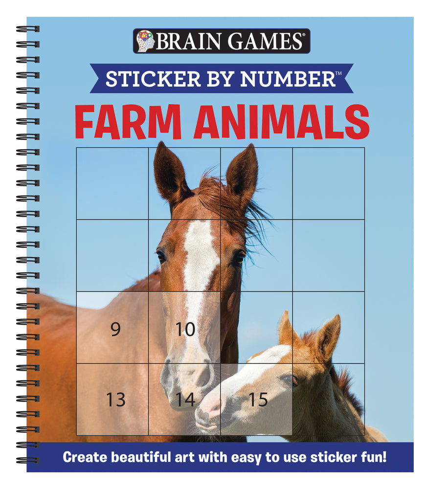 Book cover for Brain Games - Sticker by Number: Farm Animals (Easy - Square Stickers): Create Beautiful Art with Easy to Use Sticker Fun!