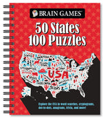 Book cover for Brain Games - 50 States 100 Puzzles: Explore the USA in Word Searches, Cryptograms, Dot-To-Dots, Anagrams, Trivia, and More!