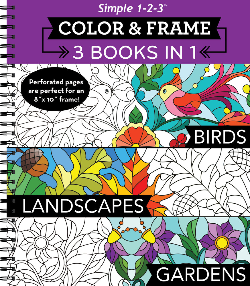 Book cover for Color & Frame - 3 Books in 1 - Birds, Landscapes, Gardens (Adult Coloring Book - 79 Images to Color)