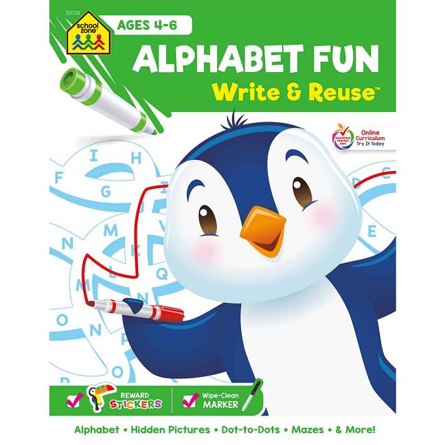 Book cover for School Zone Alphabet Fun Write & Reuse Workbook
