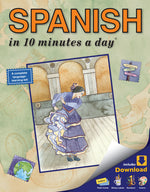 Book cover for Spanish in 10 Minutes a Day: Language Course for Beginning and Advanced Study. Includes Workbook, Flash Cards, Special Labels, Menu Guide, Software, G