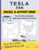 Book cover for Tesla Fan Puzzle and Activity Book: Fun for Kids and Adults With Every Tesla Car and Truck