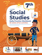 Book cover for 7th Grade Social Studies: Daily Practice Workbook 20 Weeks of Fun Activities History Government Geography Economics + Video Explanations for Eac