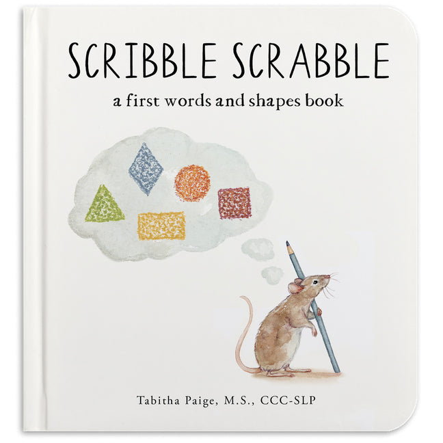 Book cover for Scribble Scrabble: A Board Book of First Words and Shapes for Growing Minds (a Wishy Washy Sequel)