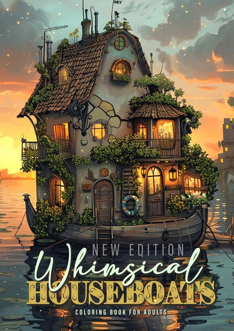 Book cover for Whimsical Houseboats Coloring Book for Adults New Edition: Whimsical Houses Coloring Book Grayscale Fairy Houses Coloring Book Houseboat