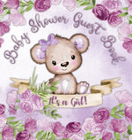Book cover for It's a Girl! Baby Shower Guest Book: Book for a Joyful Event - Teddy Bear & Purple Theme, Personalized Wishes, Parenting Advice, Sign-In, Gift Log, Ke