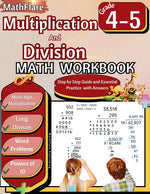 Book cover for Multiplication and Division Math Workbook 4th and 5th Grade: Multi-Digit Multiplication and Long Division, Word Problems, Powers of 10
