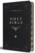 Book cover for KJV Holy Bible, Giant Print Thinline Large Format, Black Premium Imitation Leather with Ribbon Marker, Red Letter, and Thumb Index