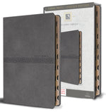 Book cover for KJV Holy Bible, Large Print Medium Format, Gray Faux Leather with Ribbon Marker, Red Letter, Thumb Index