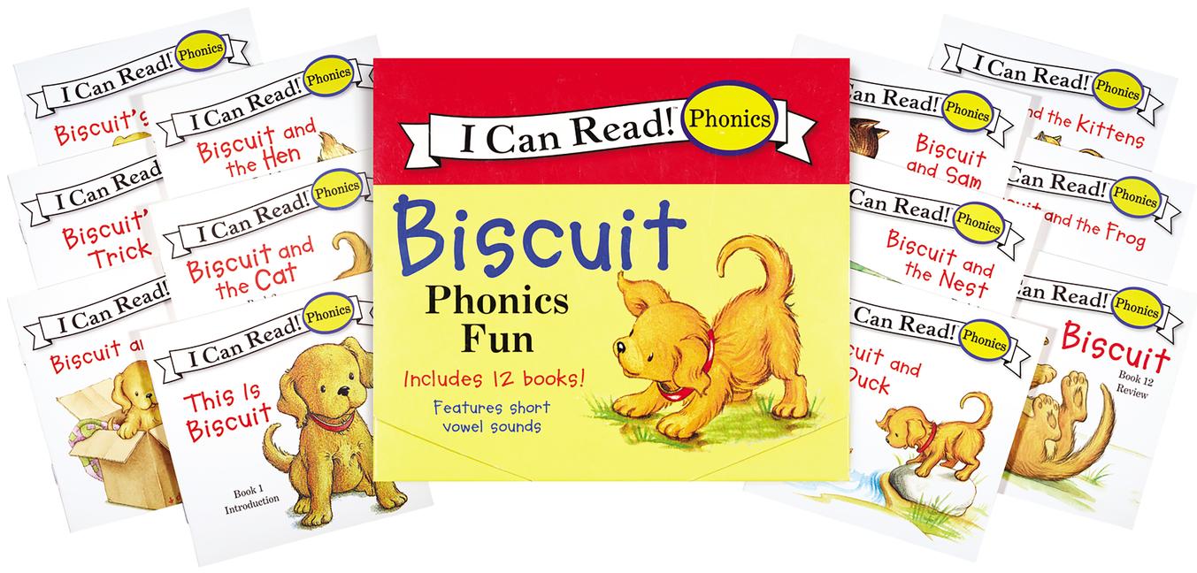 Book cover for Biscuit 12-Book Phonics Fun!: Includes 12 Mini-Books Featuring Short and Long Vowel Sounds