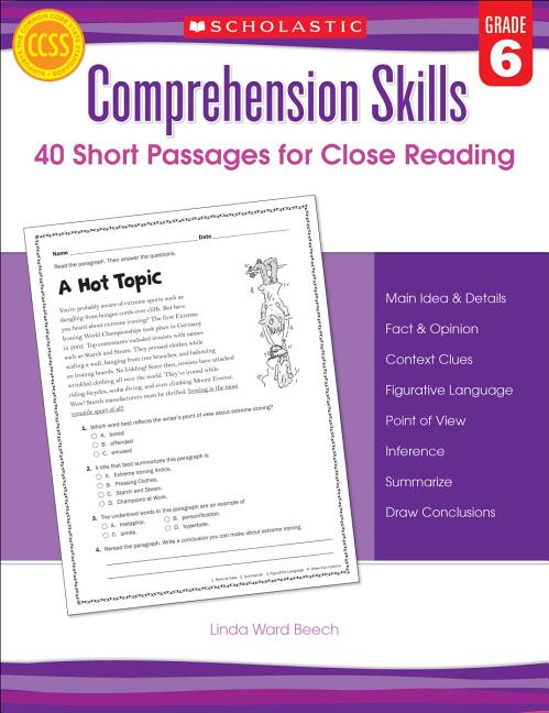 Book cover for Comprehension Skills: 40 Short Passages for Close Readings, Grade 6