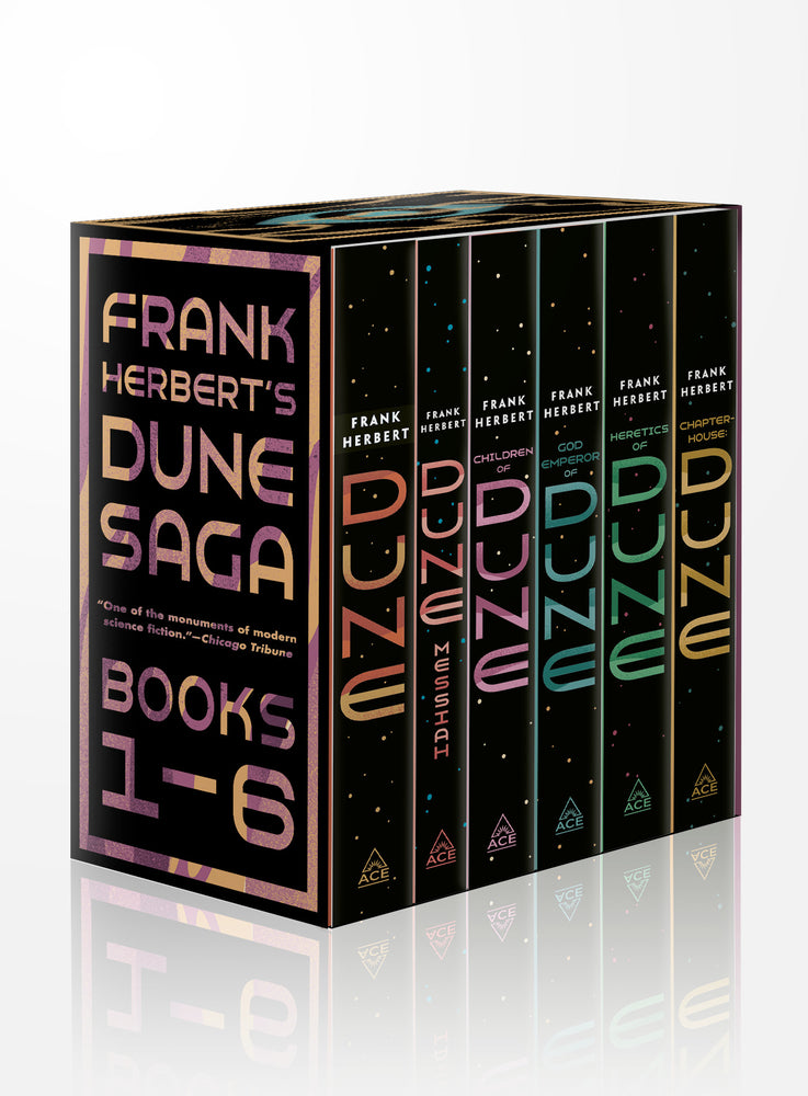 Book cover for Frank Herbert's Dune Saga 6-Book Boxed Set: Dune, Dune Messiah, Children of Dune, God Emperor of Dune, Heretics of Dune, and Chapterhouse: Dune