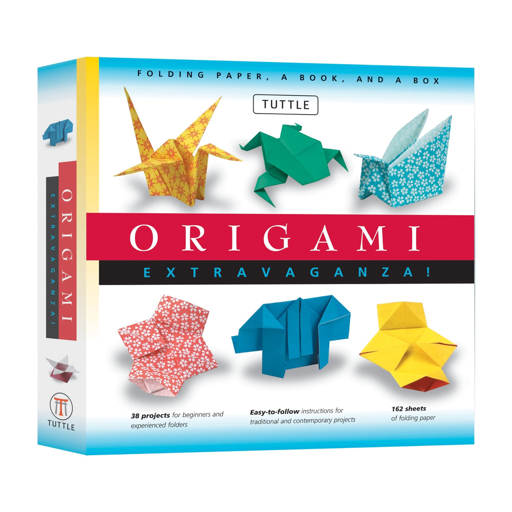 Book cover for Origami Extravaganza! Folding Paper, a Book, and a Box: Origami Kit Includes Origami Book, 38 Fun Projects and 162 Origami Papers: Great for Both Kids