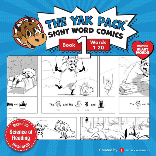 Book cover for The Yak Pack: Sight Word Comics: Book 1: Comic Books to Practice Reading Dolch Sight Words (1-20)