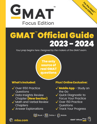 Book cover for GMAT Official Guide 2023-2024, Focus Edition: Includes Book + Online Question Bank + Digital Flashcards + Mobile App