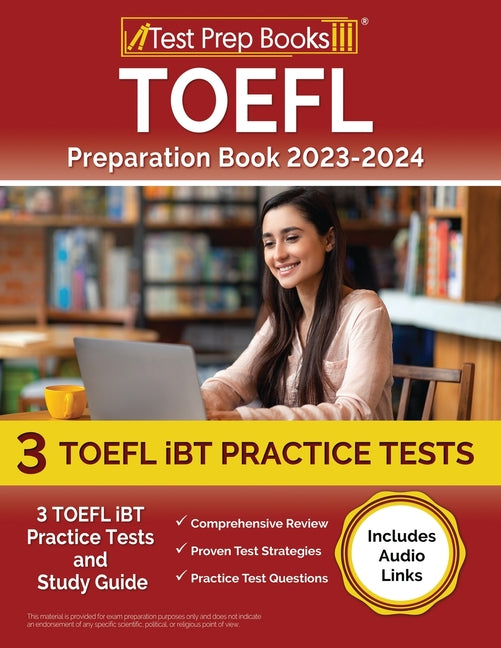 Book cover for TOEFL Preparation Book 2023-2024: 3 TOEFL iBT Practice Tests and Study Guide [Includes Audio Links]
