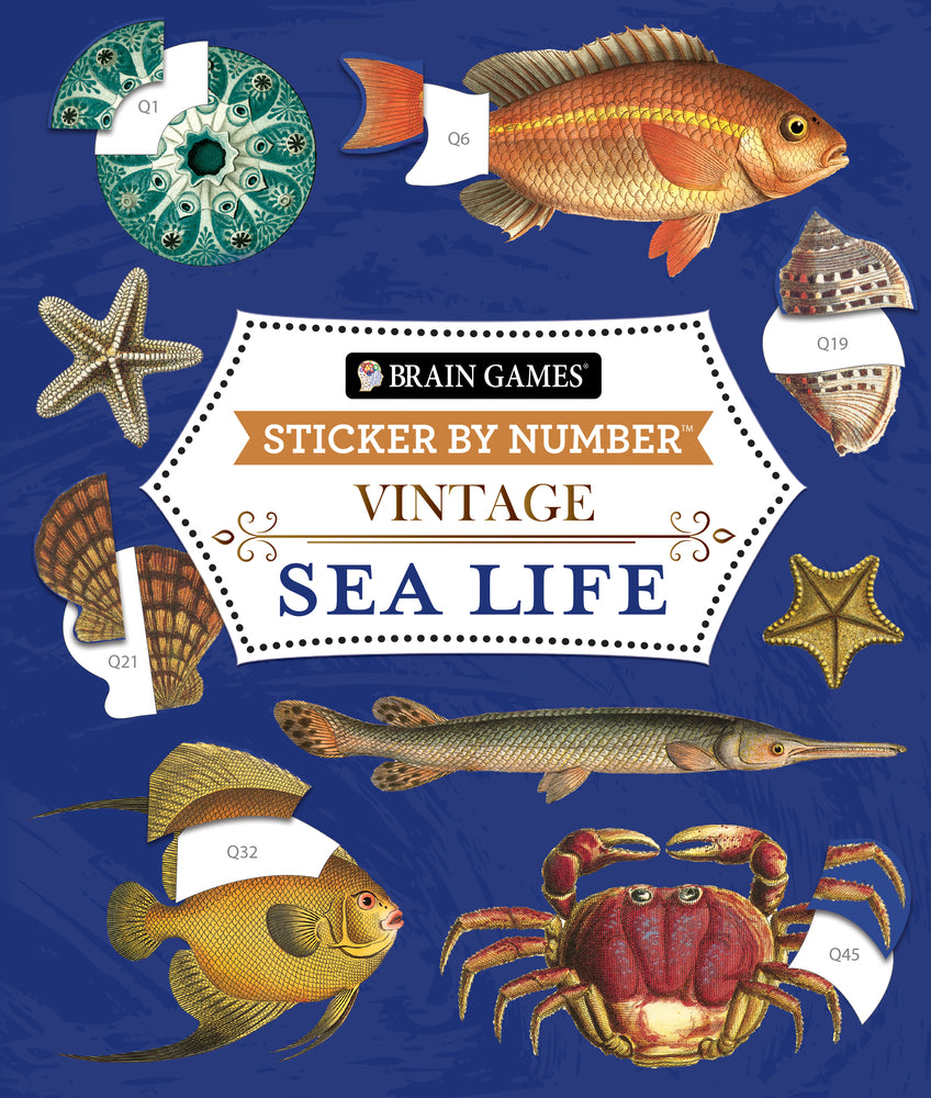 Book cover for Brain Games - Sticker by Number - Vintage: Sea Life (28 Images to Sticker)