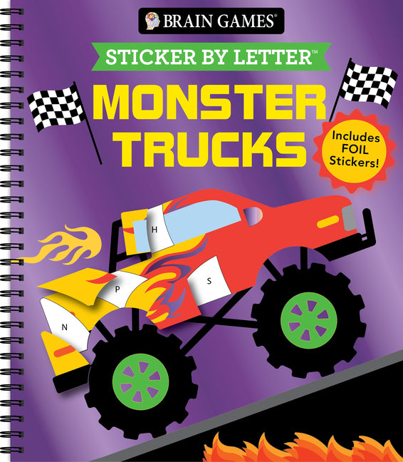 Book cover for Brain Games - Sticker by Letter: Monster Trucks: Includes 1 Foil Sticker Sheet to Complete Each Image!