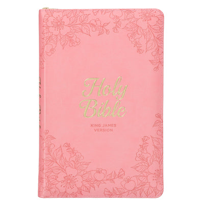 Book cover for KJV Holy Bible, Standard Size Faux Leather Red Letter Edition - Thumb Index & Ribbon Marker, King James Version, Pink Floral Zipper Closure