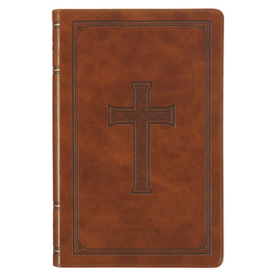 Book cover for KJV Holy Bible, Standard Size Faux Leather Red Letter Edition Thumb Index, Ribbon Marker, King James Version, Honey Brown Cross Emblem