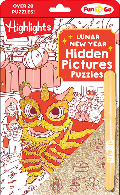 Book cover for Lunar New Year Hidden Pictures Puzzles: Festive Lunar New Year Book for Kids Featuring Over 300 Objects to Find, Gold Stickers and Hands-On Lunar New