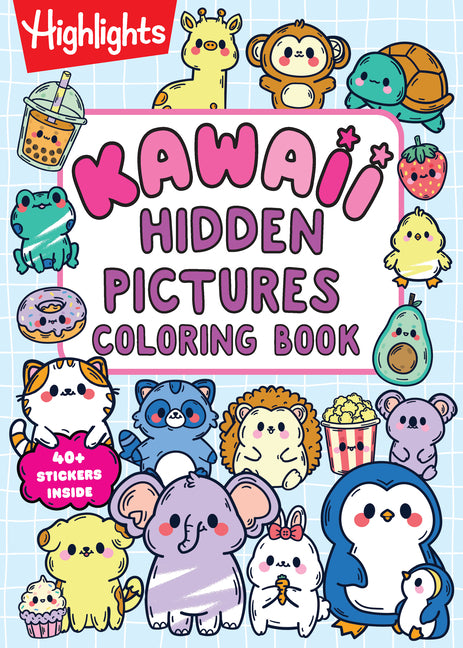 Book cover for Kawaii Hidden Pictures Coloring Book: Cozy Coloring and Kids Puzzle Book with Over 40 Kawaii Stickers to Decorate, 90-Page Interactive Sticker Activit