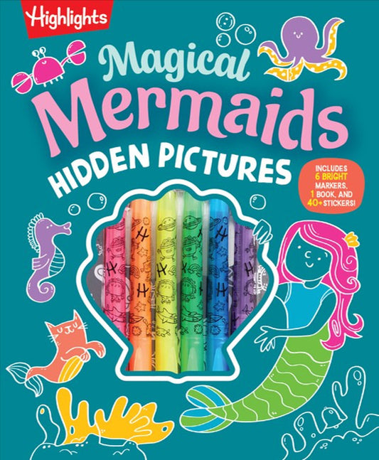 Book cover for Magical Mermaids Hidden Pictures: Kids Mermaid Coloring Book with Markers Featuring Over 40 Ready-To-Color Stickers, Hidden Pictures Scenes with Under