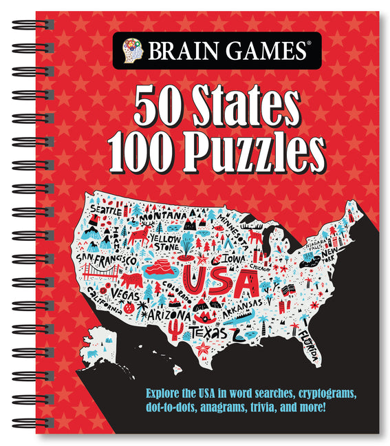 Book cover for Brain Games - 50 States 100 Puzzles: Explore the USA in Word Searches, Cryptograms, Dot-To-Dots, Anagrams, Trivia, and More!