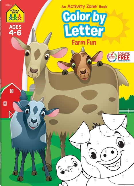 Book cover for School Zone Color by Letter Farm Fun Workbook