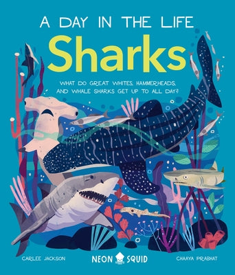 Book cover for Sharks (a Day in the Life): What Do Great Whites, Hammerheads, and Whale Sharks Get Up to All Day?