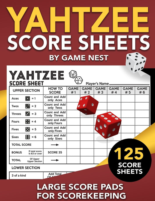 Book cover for Yahtzee Score Sheets: 125 Large Score Pads for Scorekeeping 8.5" x 11" Yahtzee Score Cards