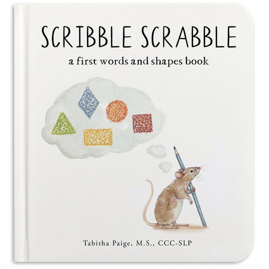 Book cover for Scribble Scrabble: A Board Book of First Words and Shapes for Growing Minds (a Wishy Washy Sequel)