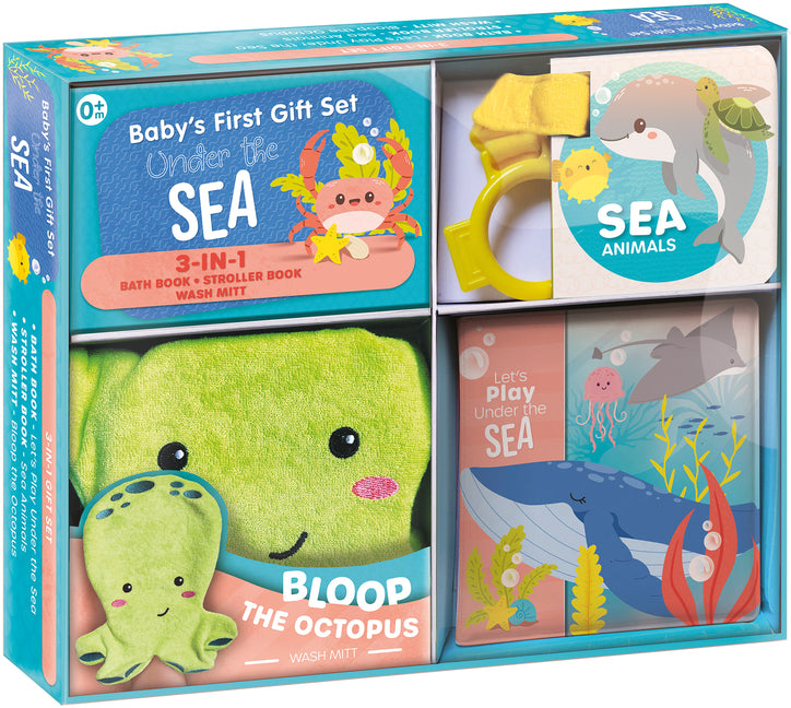 Book cover for Baby's First Gift Set Under the Sea: Soft Baby Wash Mitt for Toddlers 1-3, Stroller Book, Waterproof Bath Books - Best Newborn Baby Gifts