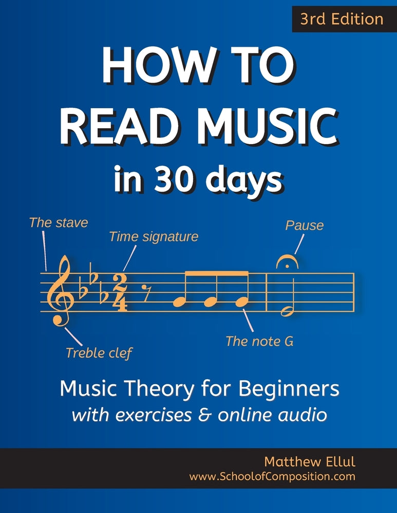 Book cover for How to Read Music in 30 Days: Music Theory for Beginners - with exercises & online audio