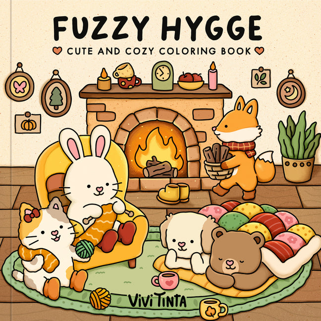 Book cover for Fuzzy Hygge: Cute and Cozy Coloring Book for Adults & Teens Featuring Adorable Animals Characters for Stress Relief