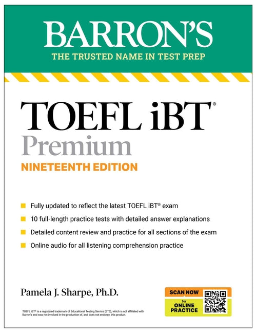 Book cover for Toefl, IBT Premium, Nineteenth Edition: Prep Book with 10 Practice Tests + Comprehensive Review + Online Audio (2026)