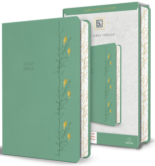 Book cover for KJV Holy Bible, Large Print Medium Format, Green with Birds Faux Leather W/ Ribbon Marker, Red Letter