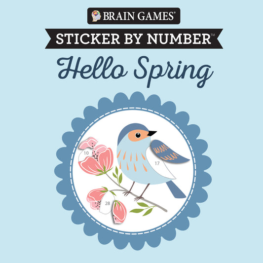 Book cover for Brain Games - Sticker by Number Compact Edition: Hello Spring 7x7 Inches Easter Basket Filler, Travel Size Activity Book for Adults & Kids 7+